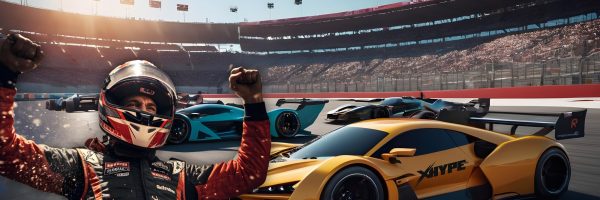 At the track with winning racer